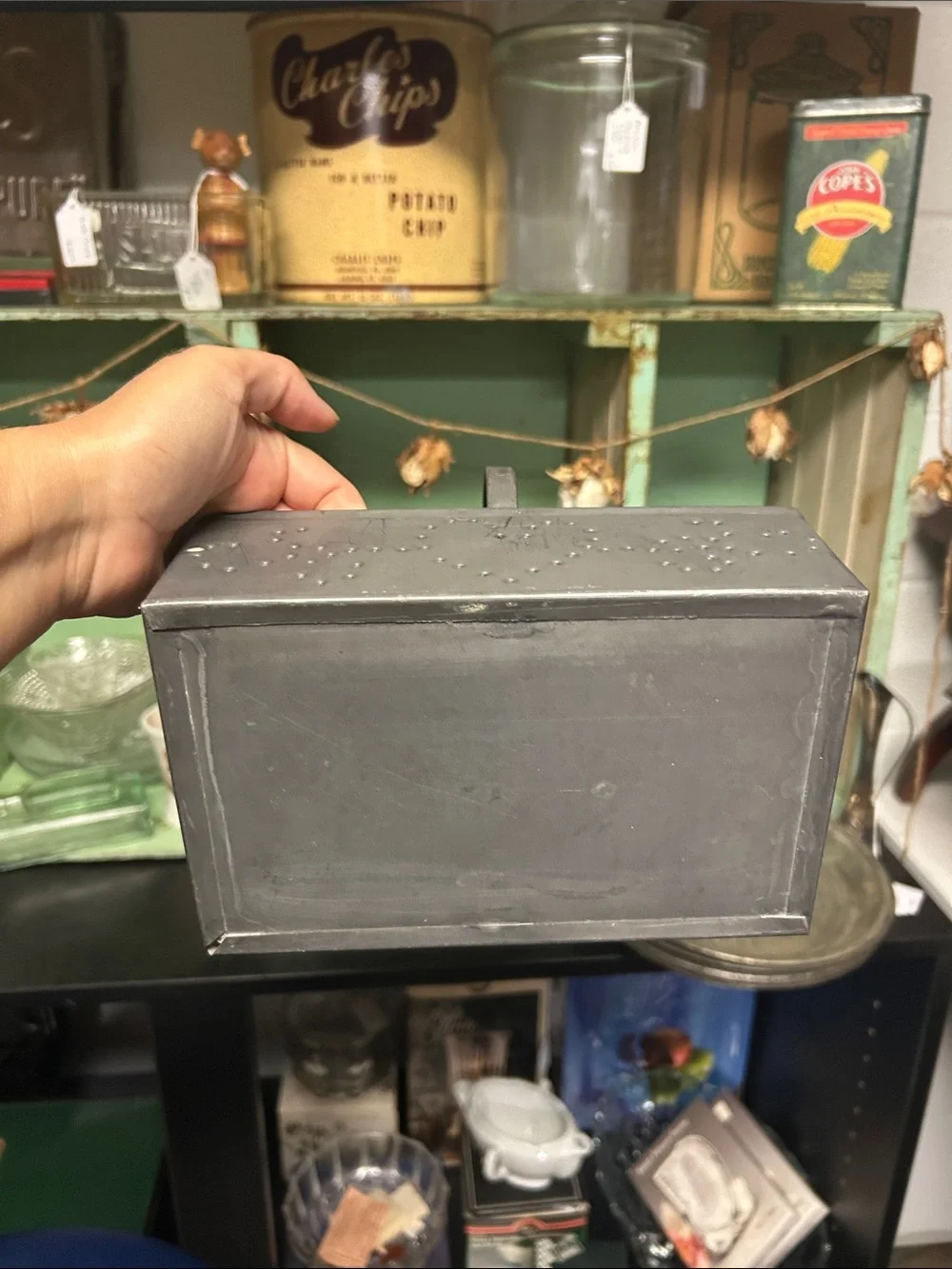 Vintage Gray Metal Perforated Heart Decorative Basket with Handle